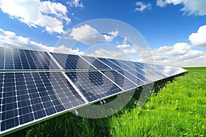 A long row of solar panels on a green field under a clear blue sky with clouds.