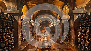 A long row of wine bottles in a cellar with water dripping down, AI