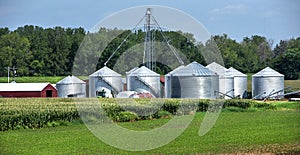 Long rows of corn and soybean in farm field, crop storage silos, red barn