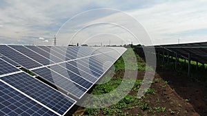 Long rows of the solar panels in the field, eco friendly energy source, 4k