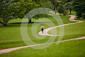 In it for the long run. Rearview shot of a woman jogging along a foothpath in a park.