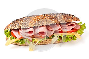 Long sandwich with lettuce, tomatoes and ham