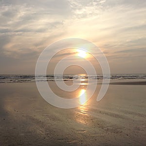 Long sandy beach at sunset 5