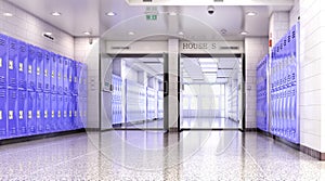 Long school corridor with blue lockers