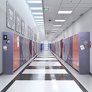 Long school corridor with blue and orange lockers