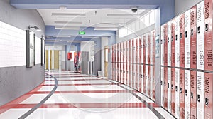 Long school corridor with red lockers