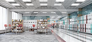 Long school corridor with white, red, green lockers and rest zone