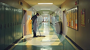 Custodian Cleaning School Hallway