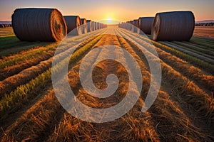 long shadow of hay bales during sunset in maze