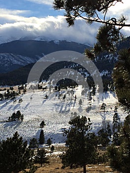 Long shadows,trees, and clouds over snow capped mountain peaks portrait style.