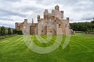 Long shot of Castle of Mey in Caithness, Scotland on a cloudy day