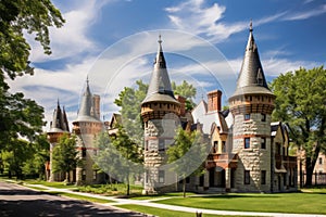 long shot of a gothic revival castles stone turrets