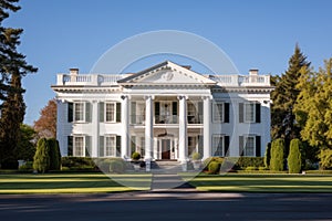 long shot of a greek revival mansion with imposing pediments photo