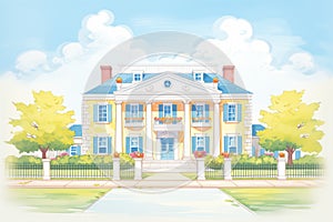 long shot of a greek revival mansion with imposing pediments, magazine style illustration