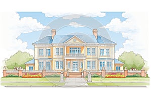 long shot of a greek revival mansion with imposing pediments, magazine style illustration photo