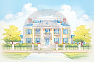 long shot of a greek revival mansion with imposing pediments, magazine style illustration photo