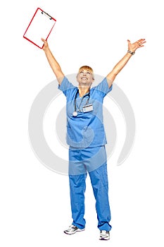 Long shot of a jubilant doctor celebrating her success photo