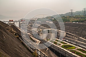 Long shot on 2 lock sections on double ship lifts at Three Gorges Dam, China