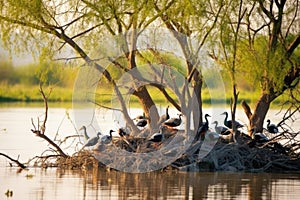 long-shot of migrating birds nesting on wetland trees