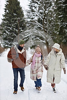 Long shot of young family in winterwear walking down forest road