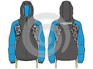 Long sleeve Anorak Hoodie jacket design template in vector, popover Hooded jacket with front and back view, windcheater winter photo