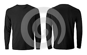 Long sleeve black t-shirt with front and back views isolated on white