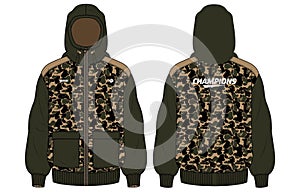 Long sleeve Camouflage Hoodie jacket design template in vector, Hooded utility jacket with front and back view, hooded winter