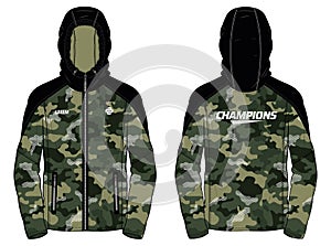 Long sleeve Hoodie jacket design with Camouflage print in vector, Hooded bomber jacket with front and back view, hooded winter