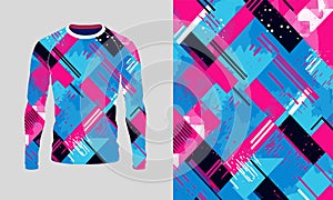 Long sleeve jersey pink blue geometric texture for extreme sport, racing, cycling, training, motocross, travel.