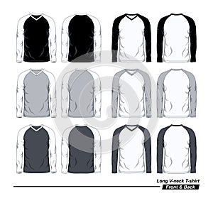 Long sleeve v-neck raglan t-shirt, front and back view, black, white and gray