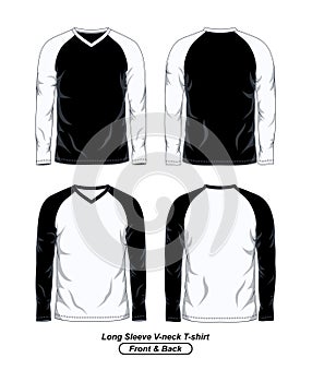 Long Sleeve V Neck Raglan T-Shirt Template, Front And Back, Black And White