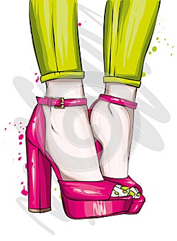 Long slender legs in tight trousers and high-heeled shoes. Fashion, style, clothing and accessories. Vector illustration.