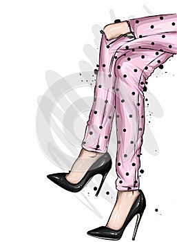 Long slender legs in tight trousers and high-heeled shoes. Fashion, style, clothing and accessories. Vector illustration.