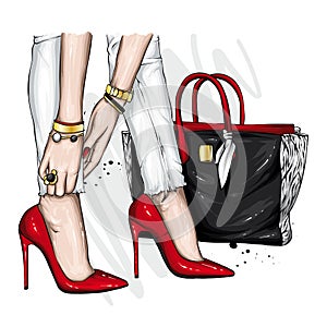 Long slender legs in tight trousers and high-heeled shoes. Fashion, style, clothing and accessories. Vector illustration.