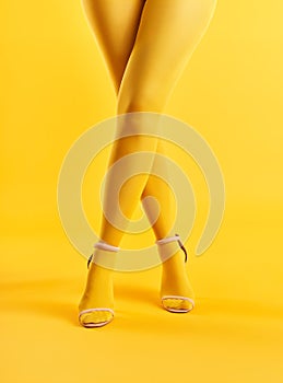 Long slim crossed legs of young woman in yellow tights posing on yellow background