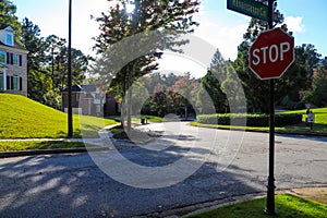 A long smooth sidewalk surrounded by lush green grass and lush green trees on a residential street with a red and white stop sign