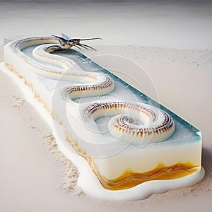 Long snake on a beach embedded slaying on an icy jelly rectangle brick