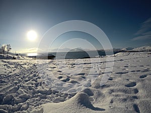 Long snowy field with footprints with beautiful bay, blue fjord and sky on a sunny winter day