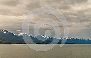 Long snowy mountain range in Beagle Channel, Tierra del Fuego, Argentina