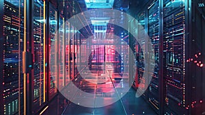 A long and spacious hallway filled with neatly arranged rows of servers in a modern data center, Draw a network attached storage