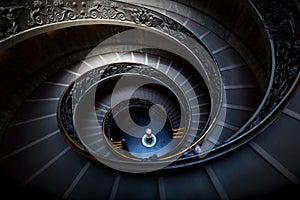 Long spiral, winding stairs. Dark shadows, soft light.