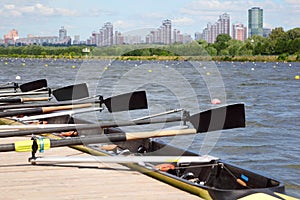 Long sport boat with oars