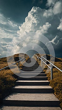 A long staircase finishing in clouds in the sky. Stairway to Heaven concept. Culture and religion idea.