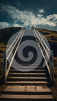 A long staircase finishing in clouds in the sky. Stairway to Heaven concept. Culture and religion idea.