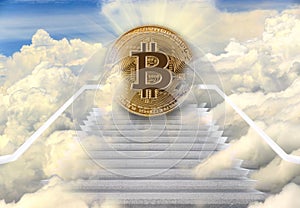 Long Staircase high way to heaven, BTC Bitcoin digital money on top of steps along Cloud