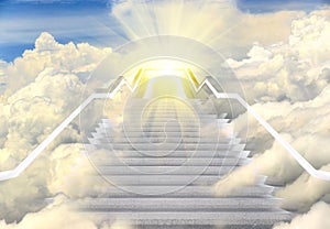 Long Staircase high way to heaven, Empty Stair steps along Cloud in Sky