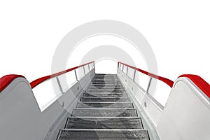 Long stairs steps of perspective down. White gangway with red handrails isolated on white background