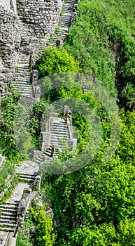 Long stairway to the wall of castle