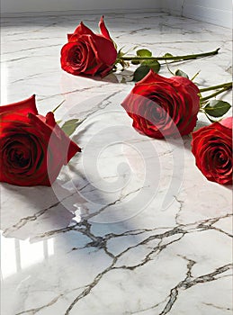 Long stemmed red roses lying on reflective marble floor - love concept background