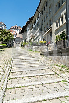 Long stone stairs leading from the lower to the upper town in the historic old city of Fribourg in Switzerland